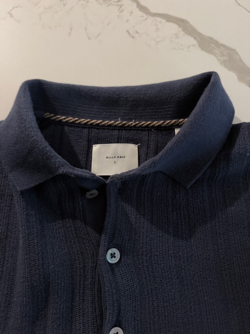 Billy Reid Dark Navy Ribbed Long Sleeve Knit Polo